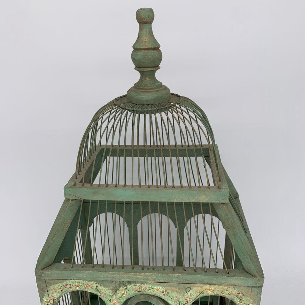 Green Wire Birdcage with Floral Details