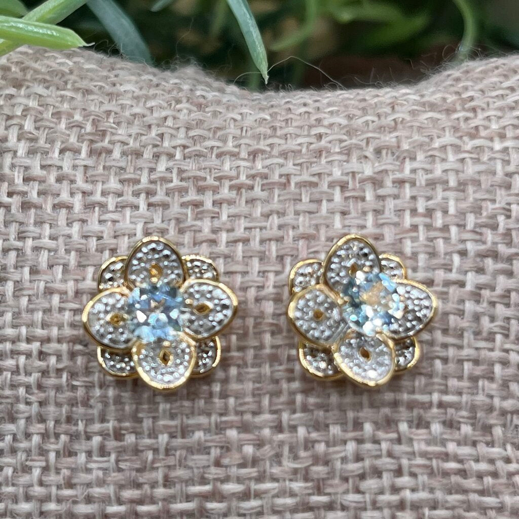 Blue Topaz & Diamond Flower Stud Earrings