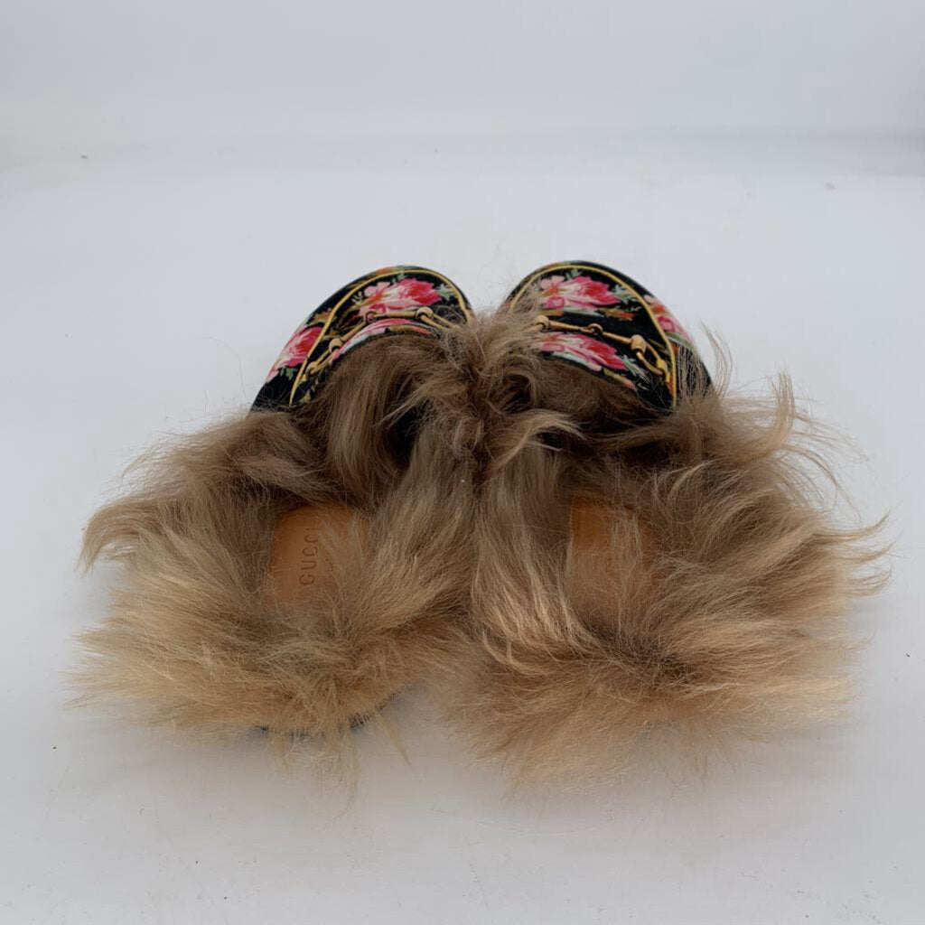 Gucci Floral & Faux Fur Slides