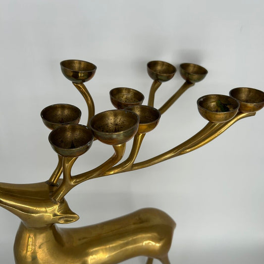 VTG Brass Reindeer Candlestick w/Candles
