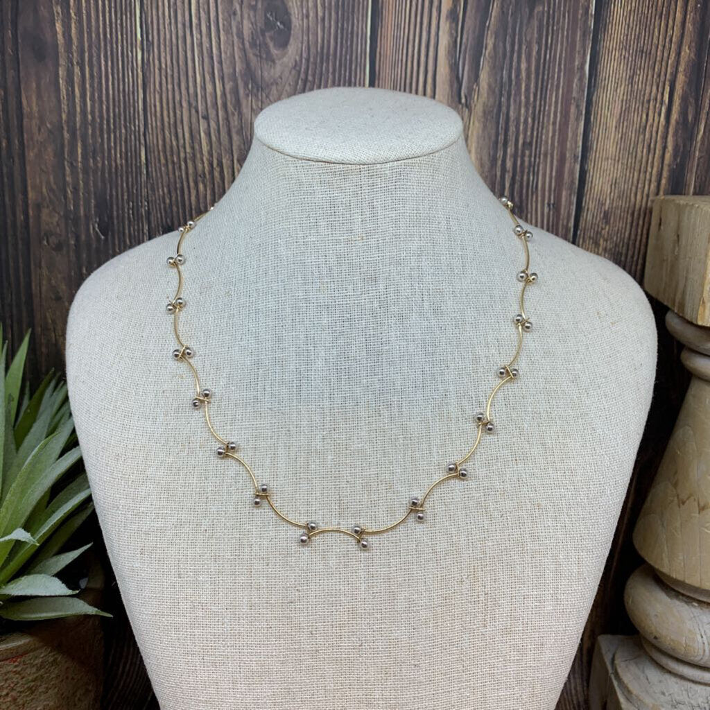 14K YG WG Bar Bead Necklace