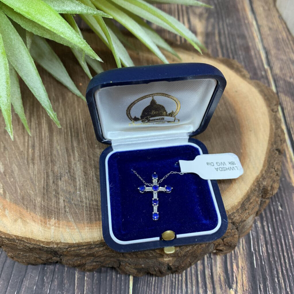 18k WG Diamond and Sapphire Cross Necklace