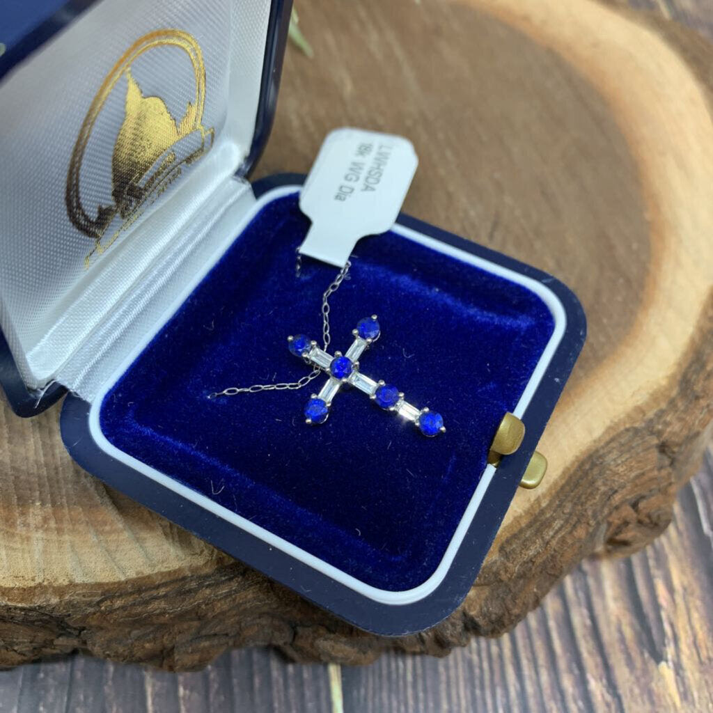 18k WG Diamond and Sapphire Cross Necklace
