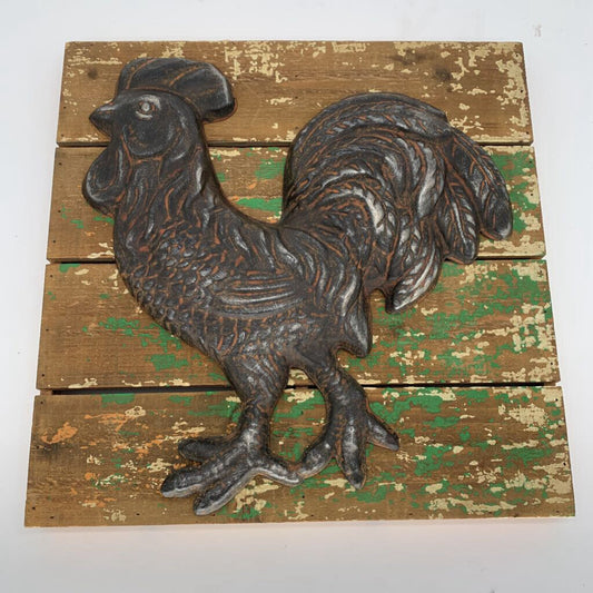 Metal Rooster on Wood Planks