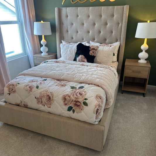 Upholstered Bed with Mattress & 5 Pillows, Comforter and Sheets