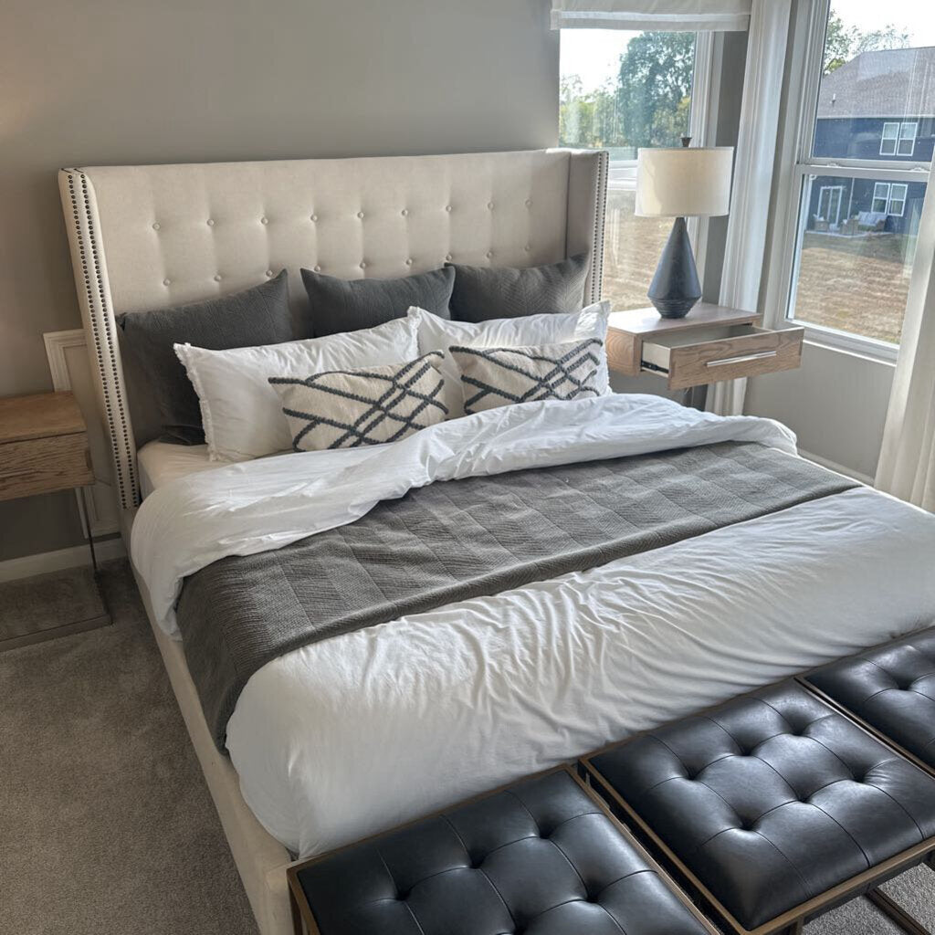 Upholstered King Bed with Mattress, 7 Pillows and Comforter