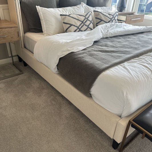 Upholstered King Bed with Mattress, 7 Pillows and Comforter