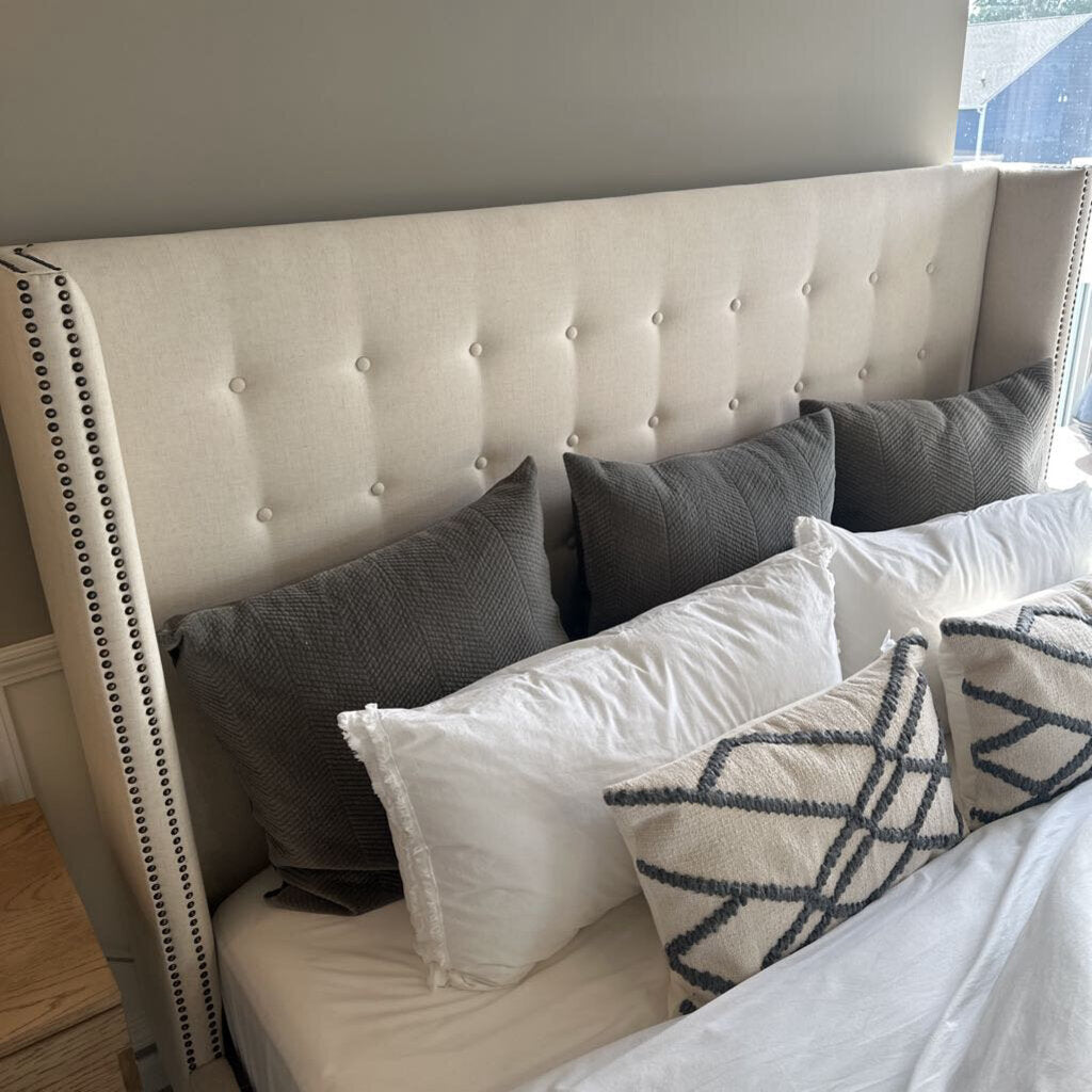 Upholstered King Bed with Mattress, 7 Pillows and Comforter