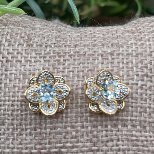 Blue Topaz & Diamond Flower Stud Earrings