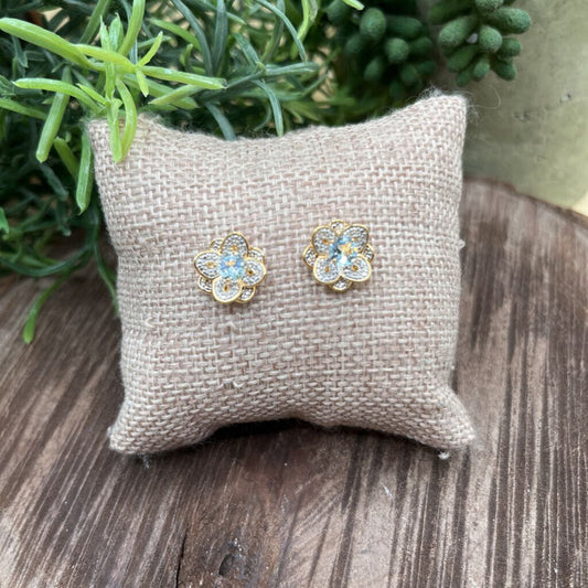 Blue Topaz & Diamond Flower Stud Earrings