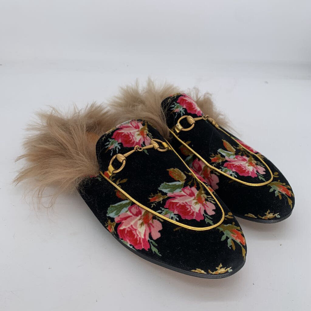 Gucci Floral & Faux Fur Slides