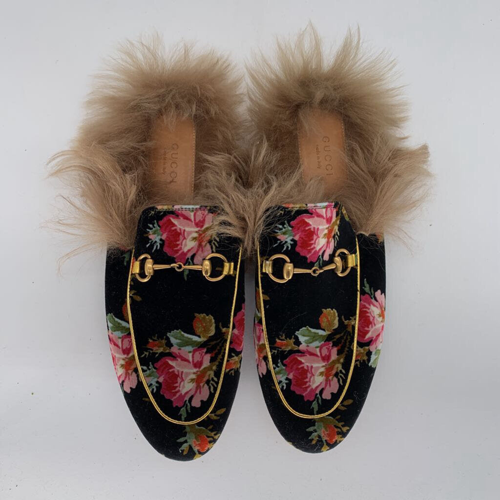 Gucci Floral & Faux Fur Slides