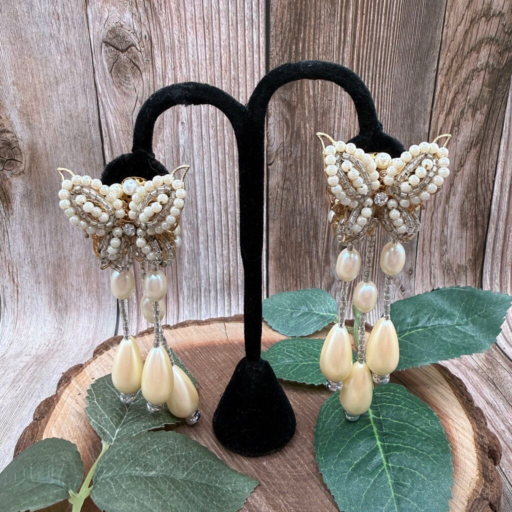 Butterfly Bead Tassel Clip Earrings