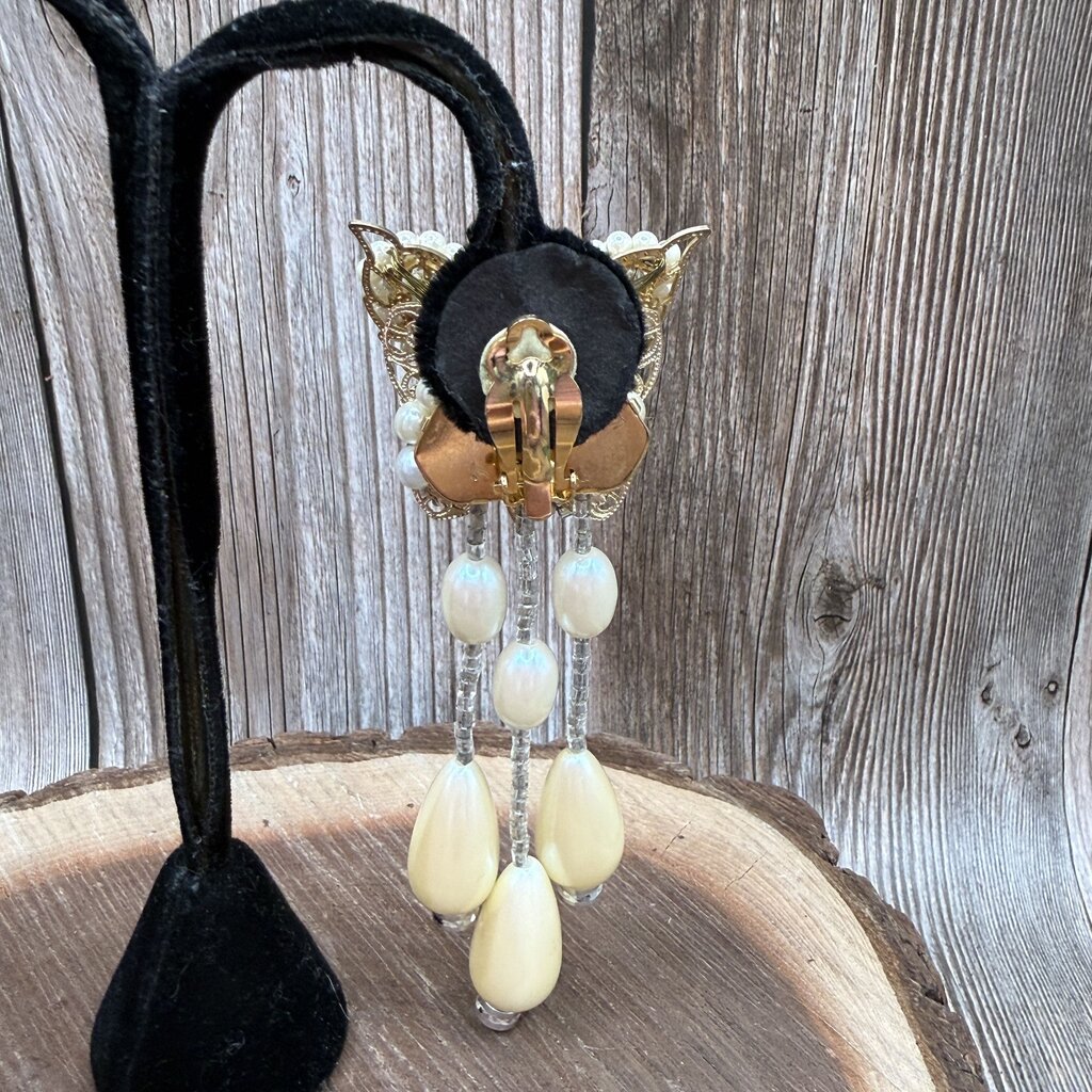 Butterfly Bead Tassel Clip Earrings