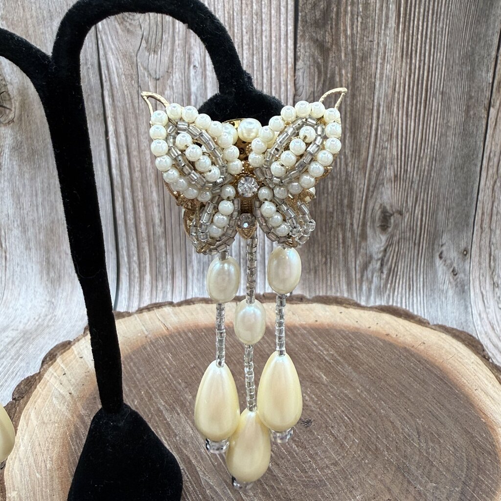 Butterfly Bead Tassel Clip Earrings