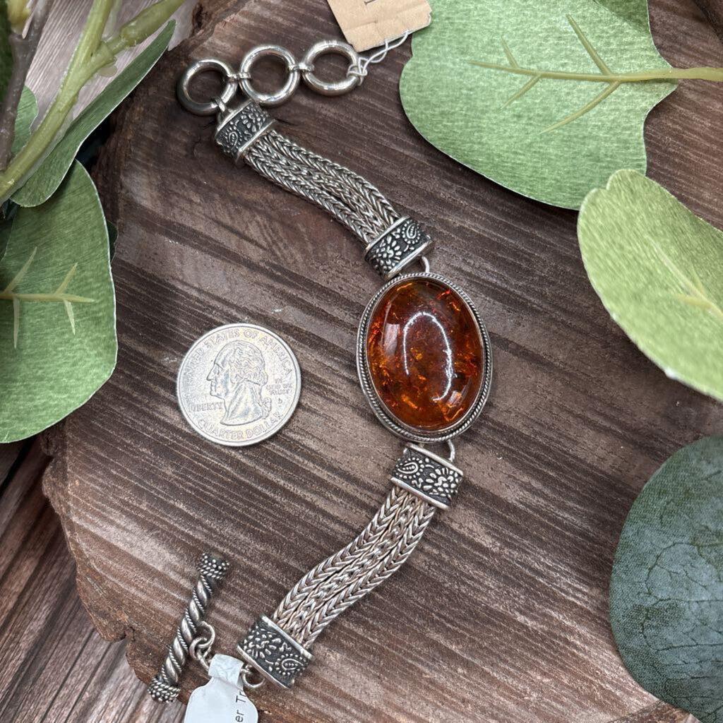 Sterling and Amber Cabochon Bracelet