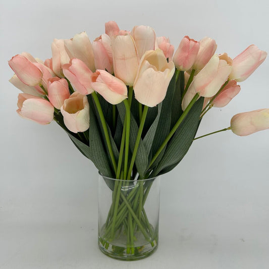 Faux Tulips in Glass Pot