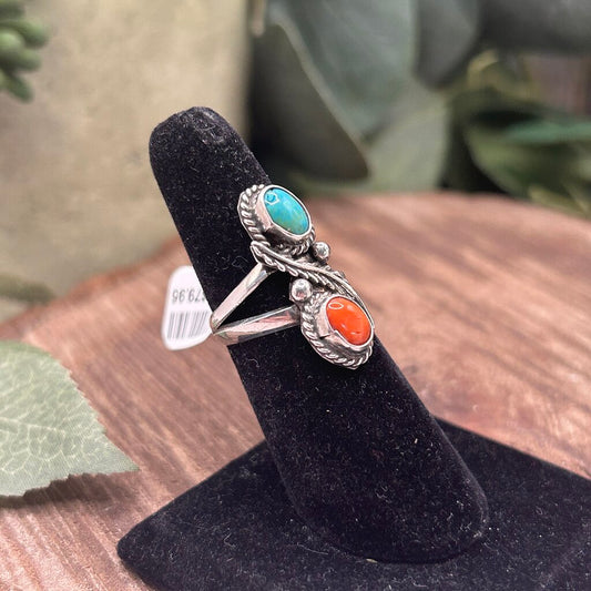 Turquoise & Coral Sterling Ring