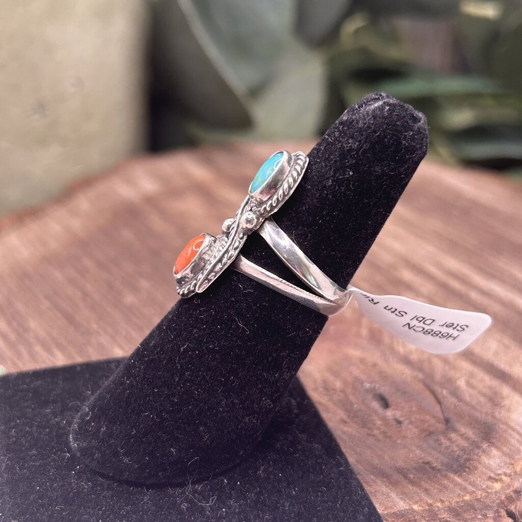 Turquoise & Coral Sterling Ring