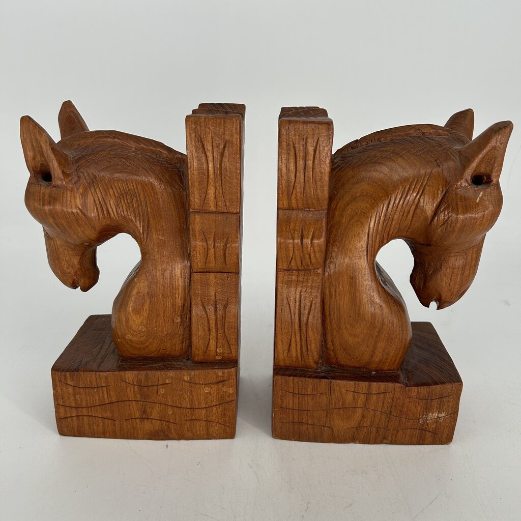 Carved Teakwood Horse Bookend Set