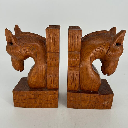 Carved Teakwood Horse Bookend Set