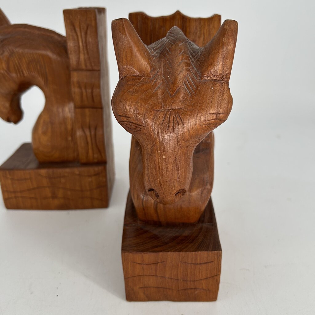 Carved Teakwood Horse Bookend Set