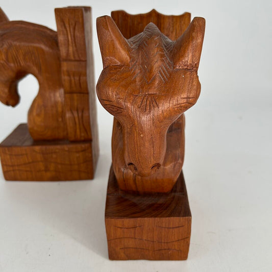 Carved Teakwood Horse Bookend Set