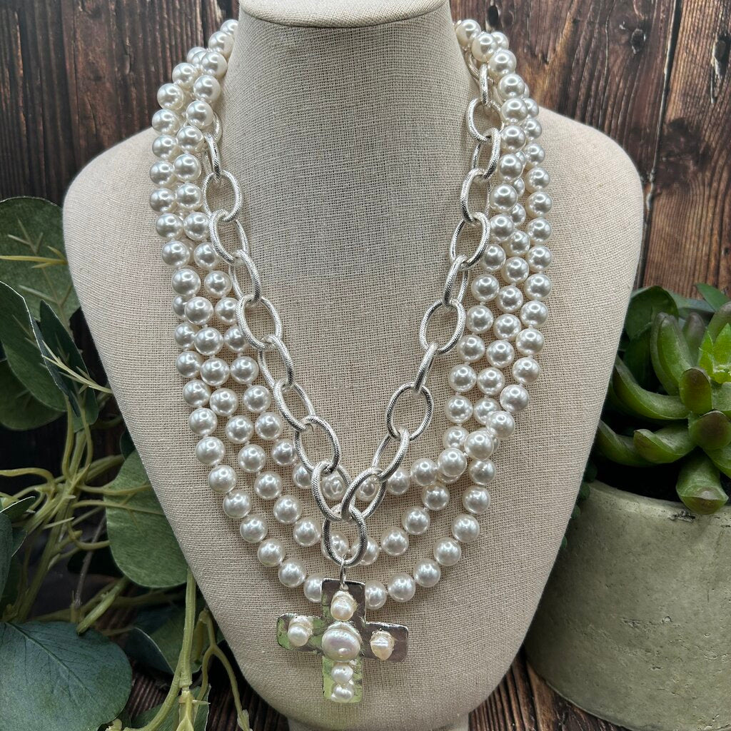 Susan Shaw Pearl and Cross Necklace