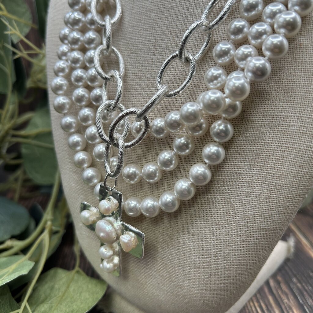 Susan Shaw Pearl and Cross Necklace