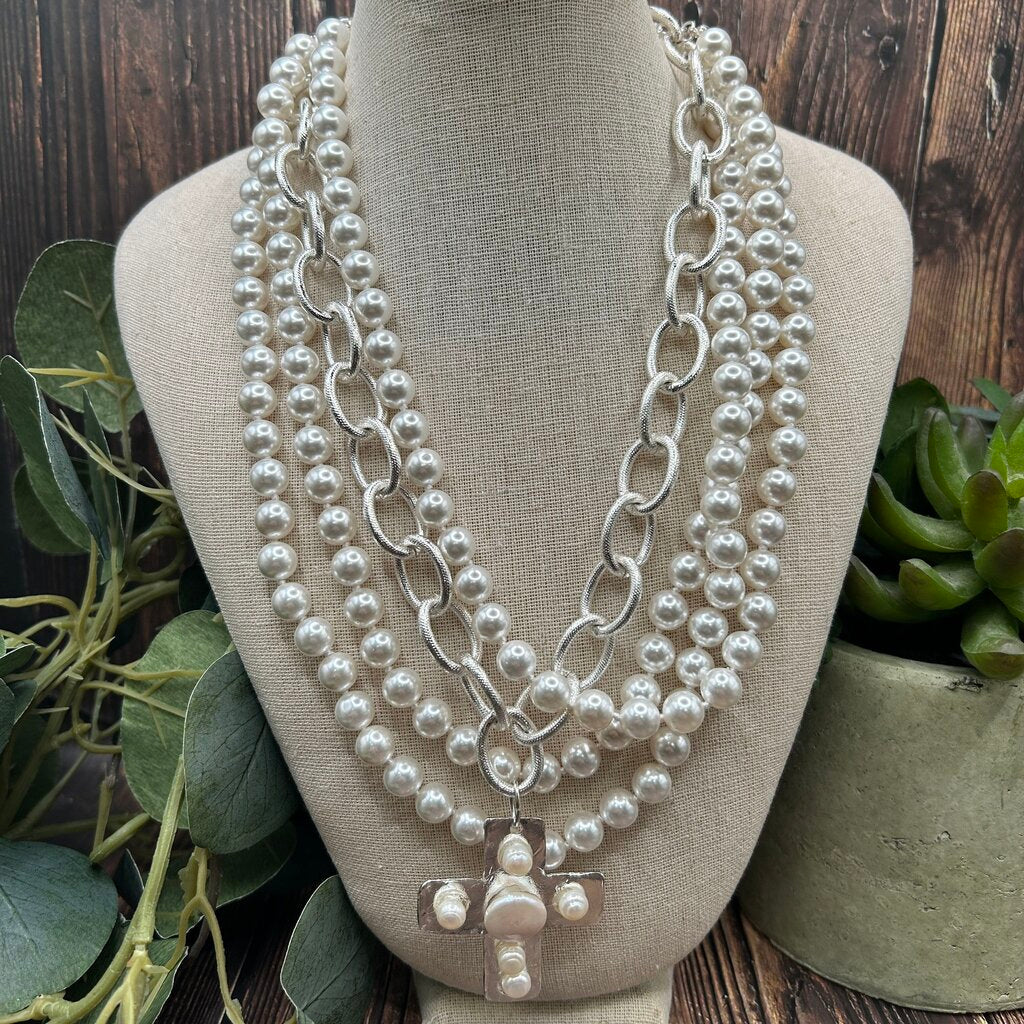 Susan Shaw Pearl and Cross Necklace