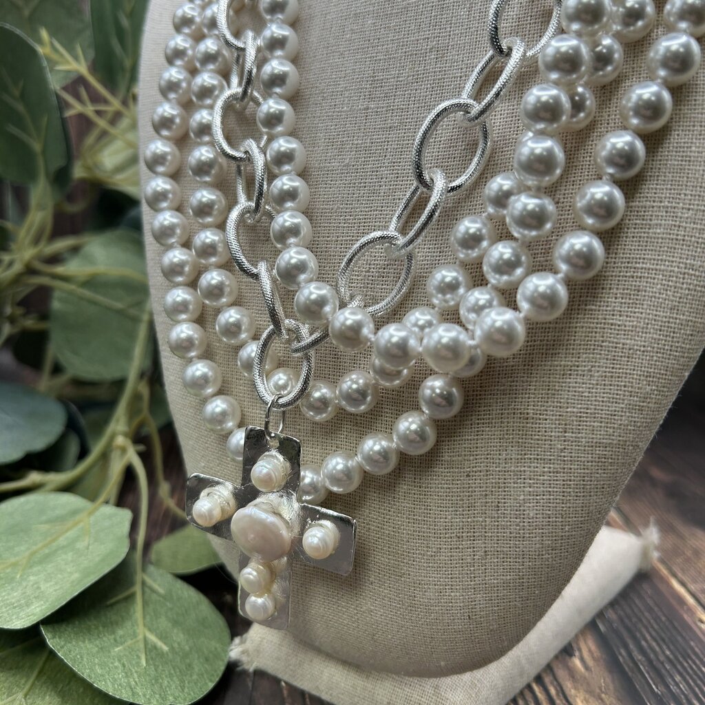 Susan Shaw Pearl and Cross Necklace