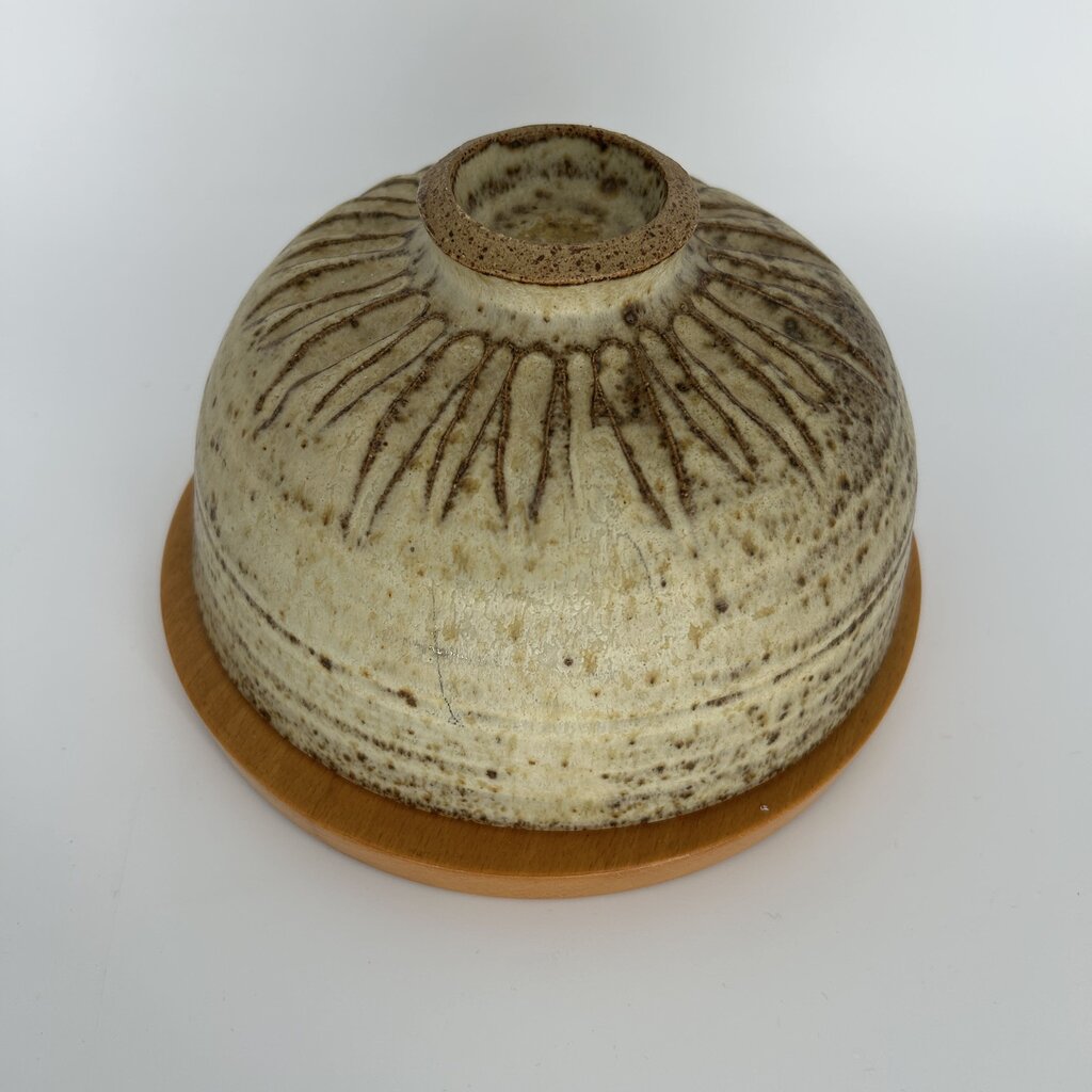 Stoneware Butter Dish w Wood Base