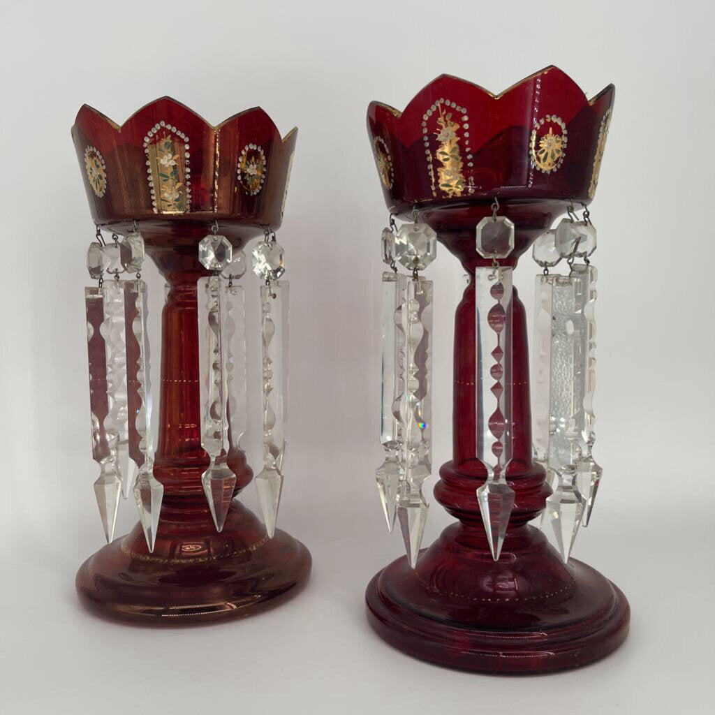 Antique Ruby Red Glass Lustres Set