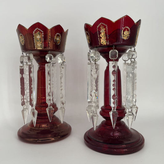 Antique Ruby Red Glass Lustres Set