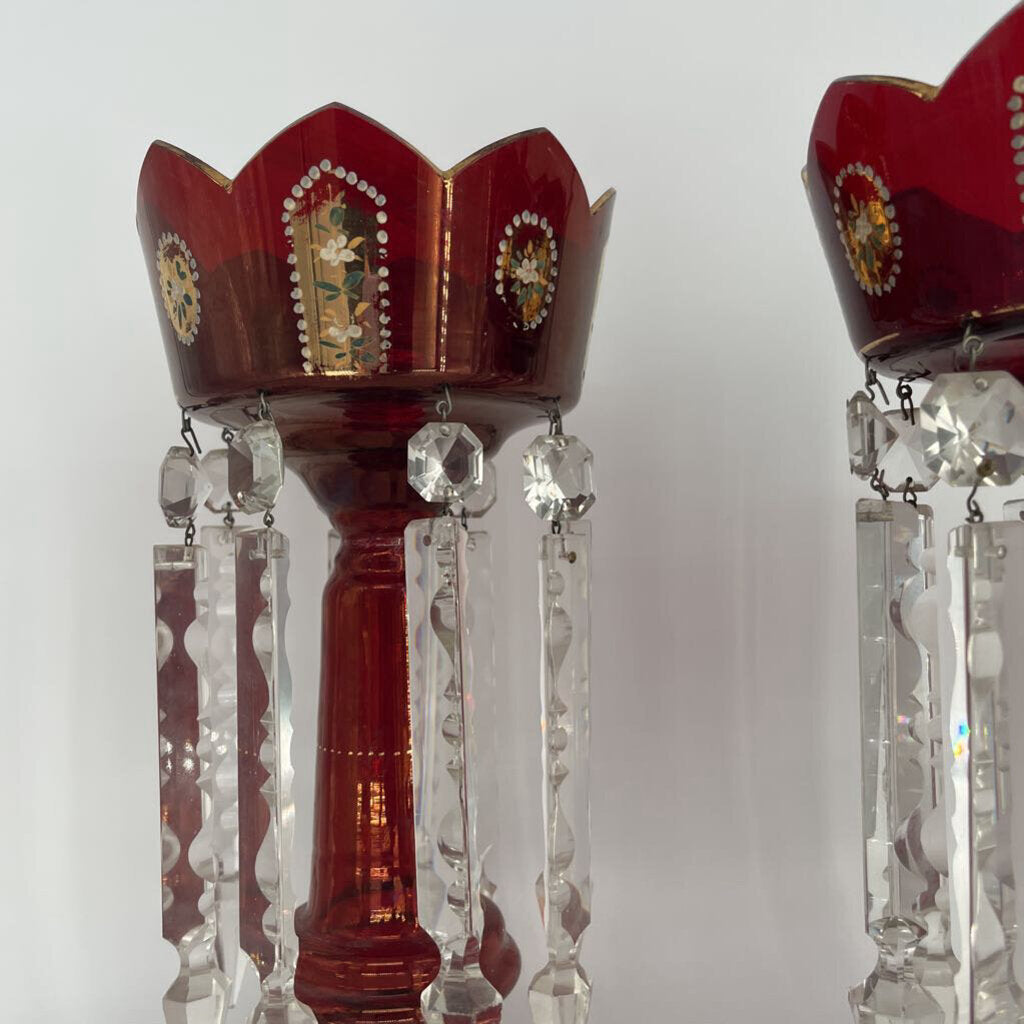 Antique Ruby Red Glass Lustres Set