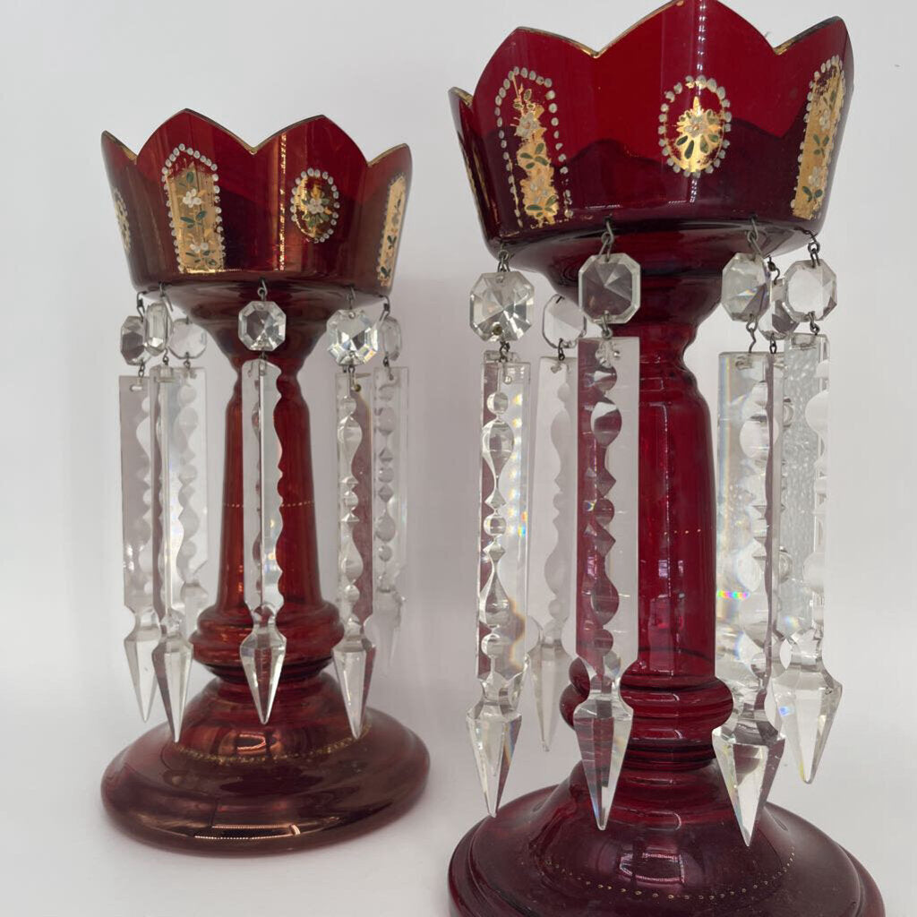 Antique Ruby Red Glass Lustres Set