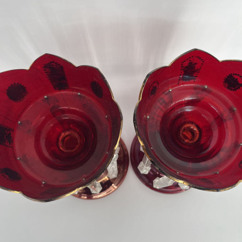 Antique Ruby Red Glass Lustres Set