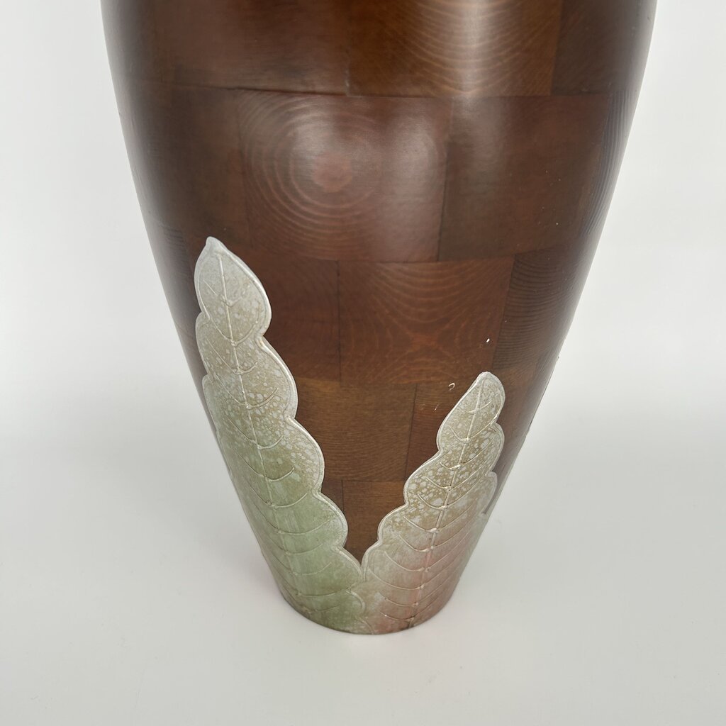 Wooden Vase w/Leaf Accents
