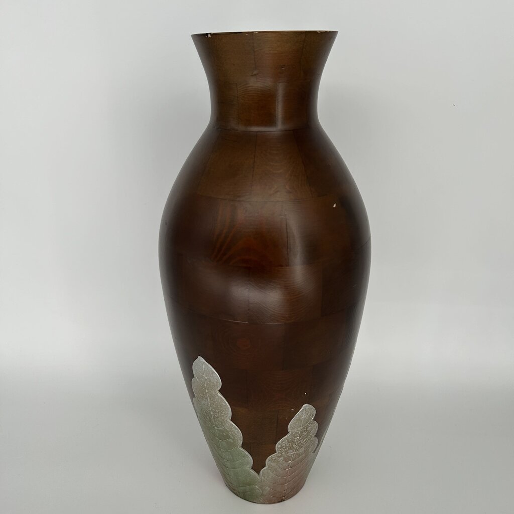Wooden Vase w/Leaf Accents