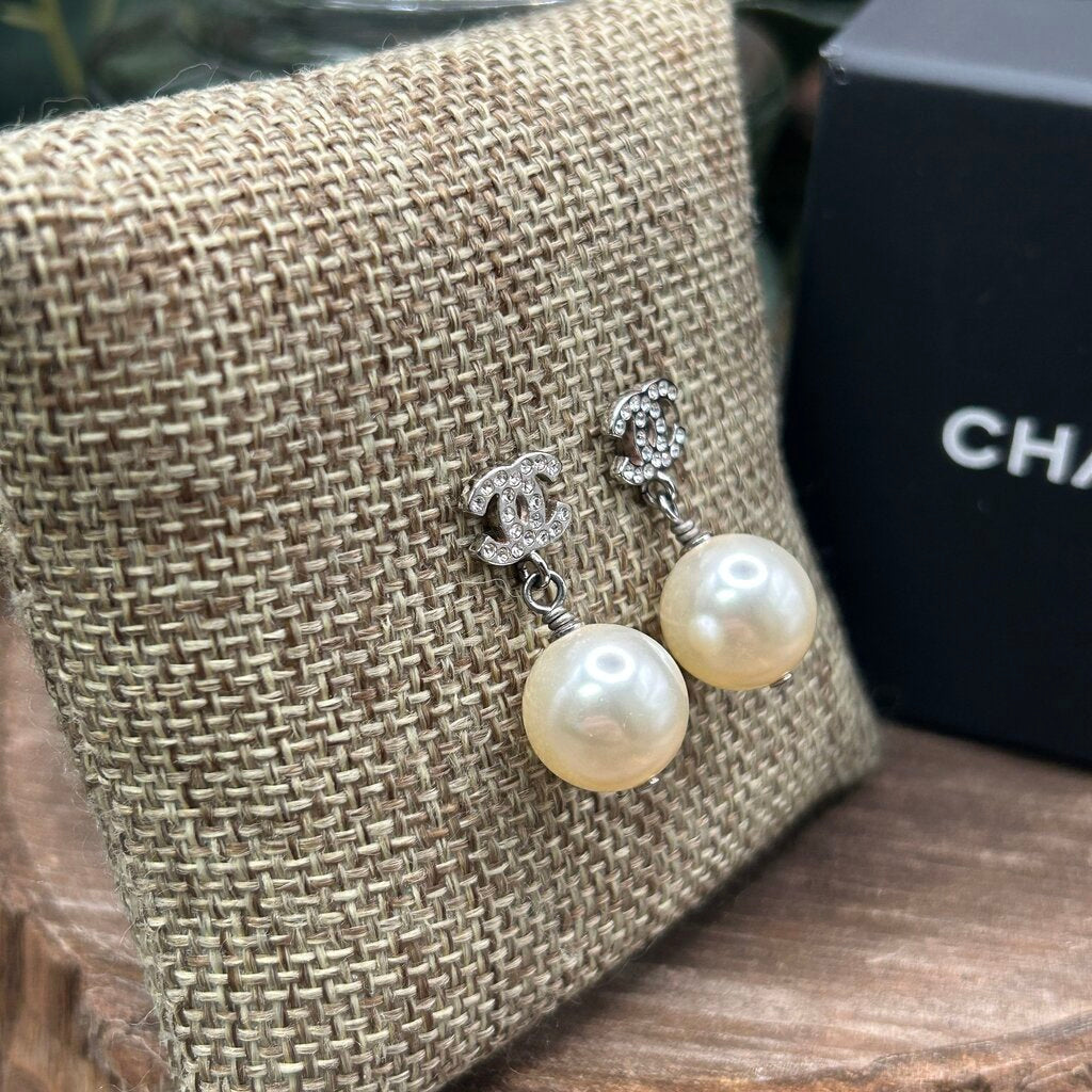 Chanel Classic Crystal CC Pearl Earrings