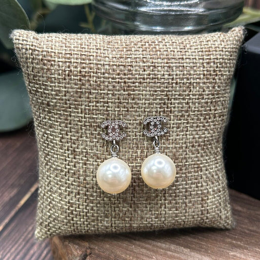 Chanel Classic Crystal CC Pearl Earrings