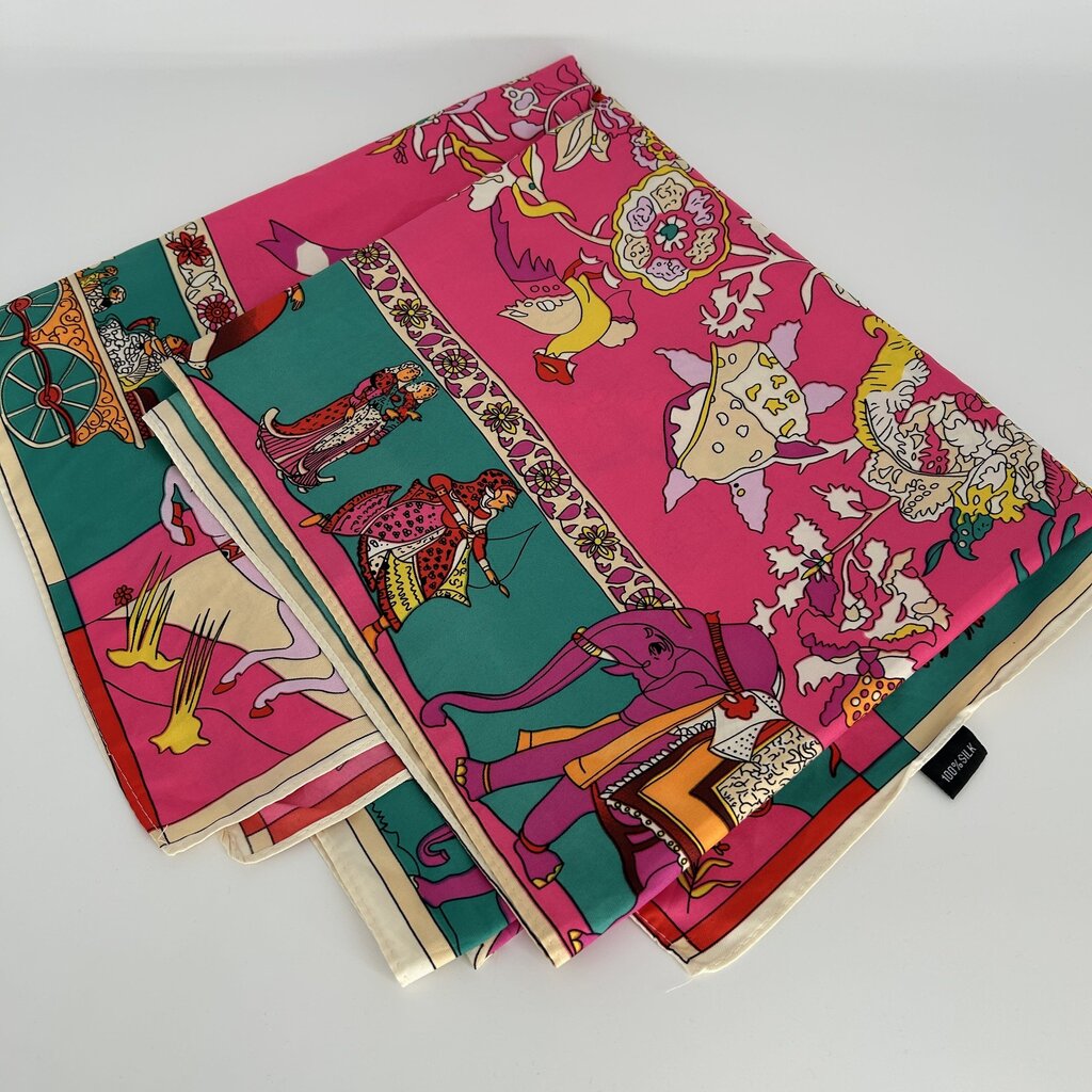 Silk Scarf with Flowers & Horses