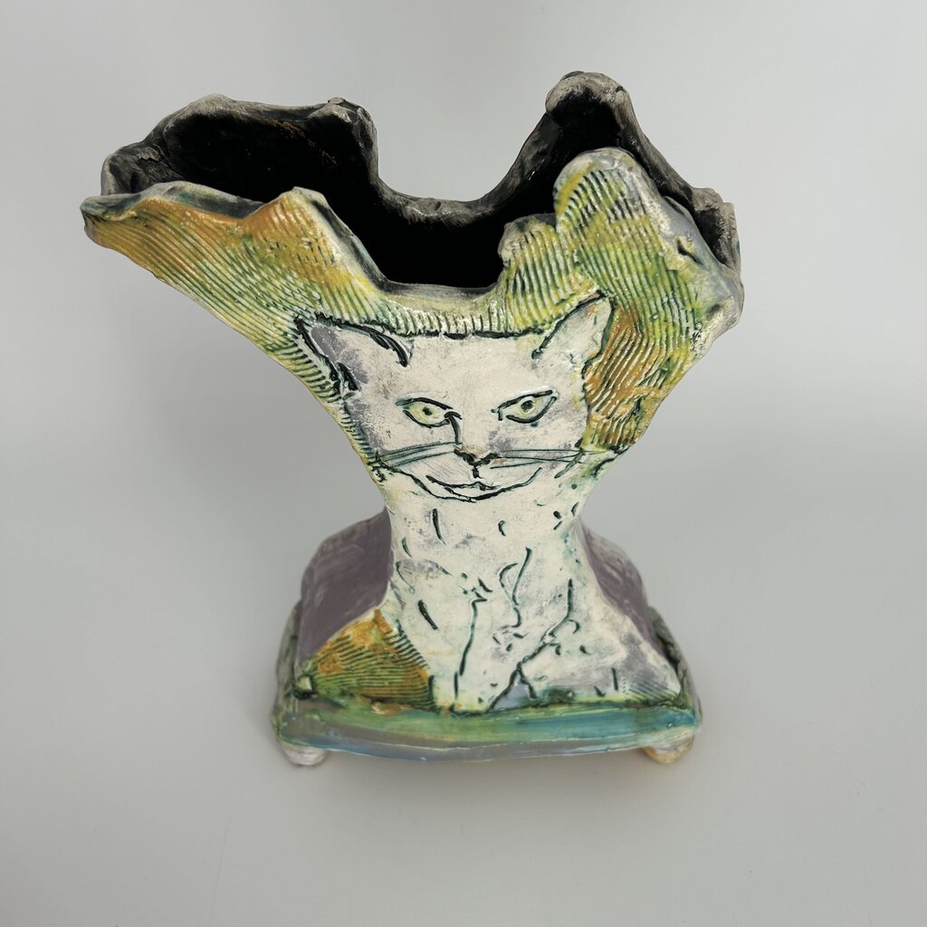 Winged Cat Etched Vase