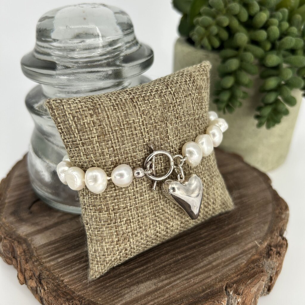 Sterling Heart Charm Pearl Bracelet