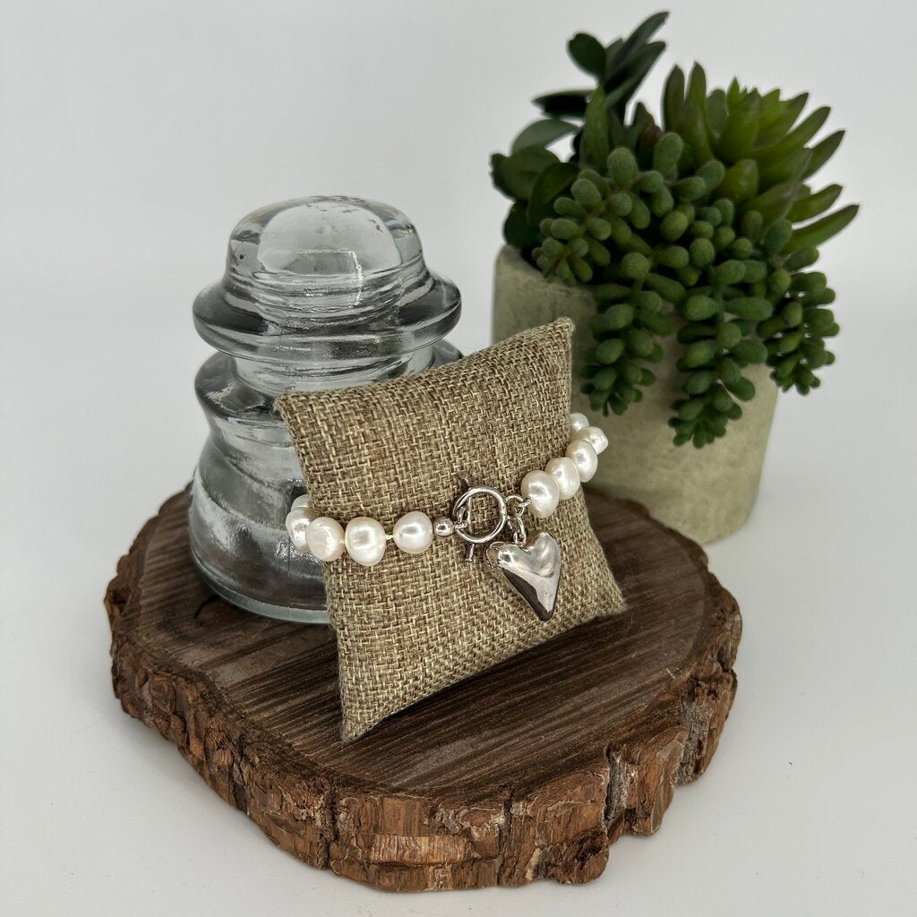 Sterling Heart Charm Pearl Bracelet