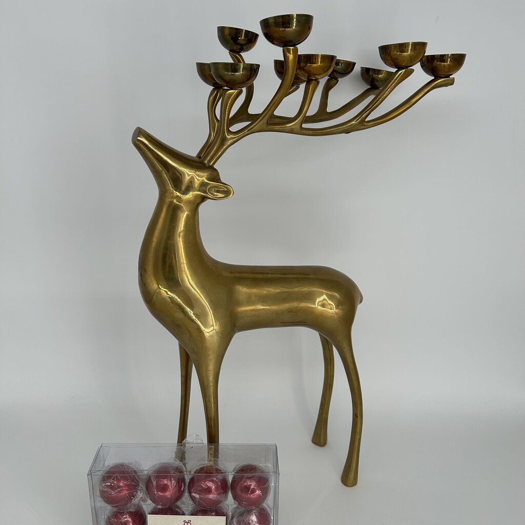 VTG Brass Reindeer Candlestick w/Candles
