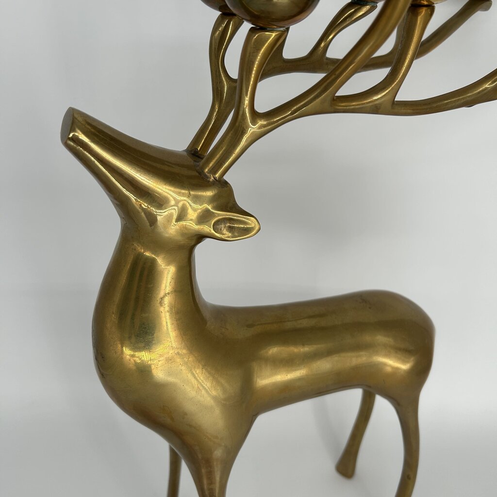 VTG Brass Reindeer Candlestick w/Candles